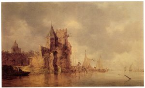 Středověká věž na hradním opevnění s plachetnicemi na molu a veslicí v popředí, kolem roku 1642 (olej na panelu)