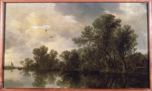Zalesněná říční krajina s rolníky ve veslici u chaty a přívozem, v dálce plachetnice, 1633
