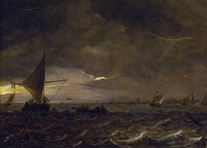 Rybářské lodě v ústí řeky za soumraku s výhledem na město a jeho zvonici na obzoru. Olej na dřevě, Jan van Goyen (1596-1656). od Jan Josephsz van Goyen