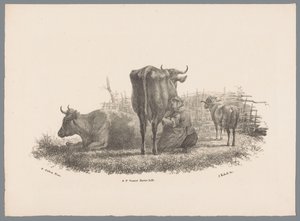 Dojící farmářova žena, dvě krávy a beran Beesten Studien od J. Kobella podle Paula Pottera Nr. 1 (název série) od Jan Kobell (III)