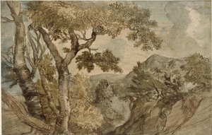 Hornatá krajina se skupinou stromů od Jan Lievens