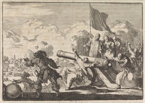 Obléhání Groningenu, ve kterém je dělo požehnáno šesti mnichy, 1672 od Jan Luyken