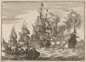 Ve Valencii je španělský admirál Papachino napaden třemi francouzskými loděmi pod velením admirála Tourville za to, že nezdravil dostatečně rychle, 1688 od Jan Luyken