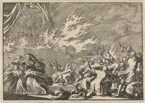 Požár dřevěné kůlny, ve které se vedle zámku Amelienborg v Kodani odehrává divadelní představení, 1689 od Jan Luyken