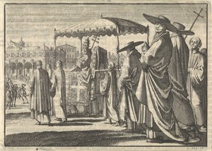 Christian IV, král dánský, oblečený jako papež, napodobuje procesí se svými dvořany, 1596 od Jan Luyken