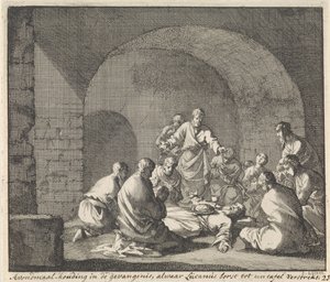 Svatý Lucián slaví Večeři Páně ve vězení Pozice při večeři ve vězení, kde Lucian podává prsa stolu (název na předmětu) od Jan Luyken