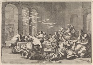 V polské vesnici Perzyn bylo během křestního jídla zabito 23 lidí bleskem, 1676 od Jan Luyken