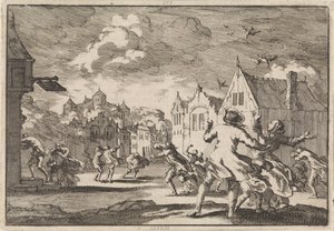 Obyvatelé vesnice poblíž zámku Luchow v Lüneburgu jsou zachváceni vichřicí, která způsobuje, že ptáci padají mrtví z nebe, 1671 od Jan Luyken