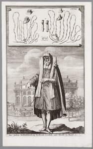 Židovský muž, oblečený k modlitbě. Na pozadí portugalská synagoga v Amsterdamu od Jan Luyken