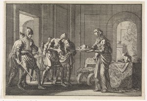 Matka ukazuje válečníkům ostatky svého sežraného dítěte během hladomoru v Jeruzalémě v roce 1704. od Jan Luyken