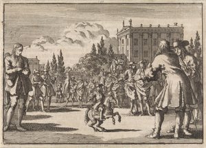Na náměstí v Madridu se dav shromáždil kolem Louisilla, trpaslíka španělského krále, 1675 od Jan Luyken