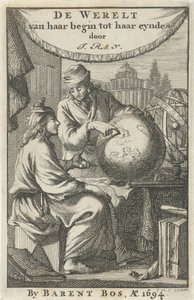 Dva muži studují zeměkouli Titulní strana pro: J. Ray, Svět od jejího začátku do konce, 1694 od Jan Luyken