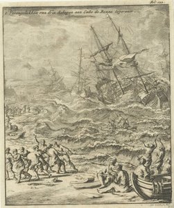 Ztroskotání na mysu Dobré naděje, 1693 Havárie tří lodí v Cabo de Bonne Esperance (název na předmětu) od Jan Luyken