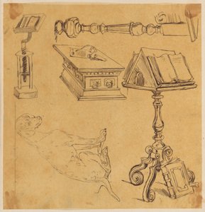 Schatzkammer. Kanzeln, Tisch, Hund – lose Skizzen. od Jan Matejko
