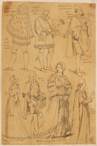 Skarbczyk. Sieben Männer und Frauen in italienischen Gewändern aus dem 13., 14. und 15. Jahrhundert od Jan Matejko