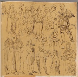 Skarbczyk. Verschiedene Personen in Kleidern aus dem XIII., XV. und XVI. Jahrhundert od Jan Matejko