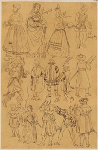 Skarbczyk. Verschiedene Personen in Kleidung aus dem 16. Jahrhundert (14 in voller Gestalt). od Jan Matejko