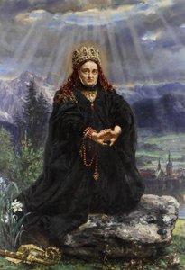 Svatá Kinga se modlí uprostřed pohoří Sącz.