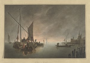 Lodě do opevněného města při západu slunce od Jan Matthias Cok