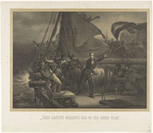 Jan van Speijk se chystá hodit pojistku do nákladového prostoru, 1831 Jeho poslední myšlenkou byla čest jeho vlajky (titul na předmětu)