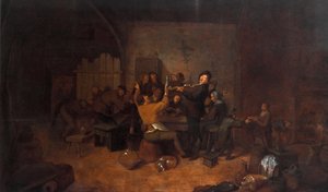 Farmáři v hostinci Radostná holandská společnost popíjející a zpívající v hospodě. Obraz Jana Miense Molenaera (asi 1610-1668) Galleria degli Uffizi ze 17. století, Florencie, Itálie