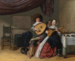 DUET:  AUTOPORTRÉT UMĚLCE S JEHO ŽENOU JUDITH LEYSTEROVOU, PRAVDĚPODOBNĚ JEJICH SVATEBNÍ PORTRÉT. od Jan Miense Molenaer