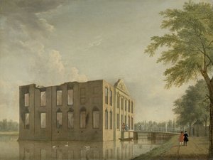 Hrad Berckenrode v Heemstede po požáru Hrad Berkenrode, Heemstede, po požáru 4.–5. května 1747: boční pohled od Jan Ten Compe
