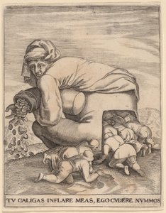 Muž s měšcem peněz a jeho pochlebovači od Jan Theodor de Bry after Pieter Bruegel the Elder
