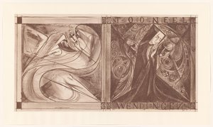Obal pro Twists s jeptiškou s květinami a dvěma duchy, jeden s maskou v ruce od Jan Toorop