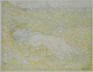 Žena ležící v dunách poblíž Noordwijku Dívka ležící v trávě se siluetou Noordwijku v pozadí od Jan Toorop