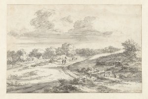Dunová krajina s postavami podél silnice, s chatou v dálce od Jan Vermeer van Haarlem (I) (attributed to)