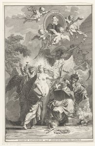 Alegorický titulní list s portrétem spisovatele Edwarda Simsona Titulní strana pro: Edward Simson, Chronicon historiam catholicam complectens, 1729
