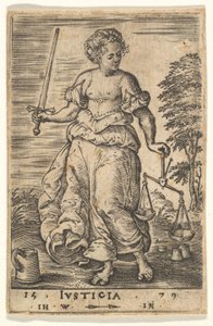 Spravedlnost, alegorická postava držící rovnováhu v levé ruce a meč v pravé..., 1579.