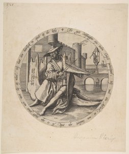 Bohatý muž hrající na housle na čelistní kosti, ca. 1568.