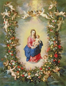 Panna s dítětem obklopená květinovým věncem, který drží cherubíni, asi 1624 (olej na mědi)