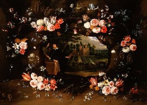 Věnec z květin obepínající medailon představující Nicolase de Mana před jeho pozemkem v Antverpách, 1653