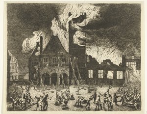 Požár staré radnice v Amsterdamu, 1652 Zobrazení starých Stadthuyů vypálených do Amsterdamu 7. července 1652