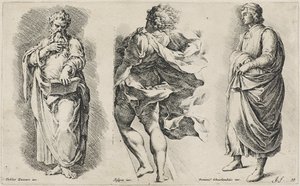 Tři postavy bez názvu podle tří italských umělců (lept na položený papír s vodoznakem erbu)