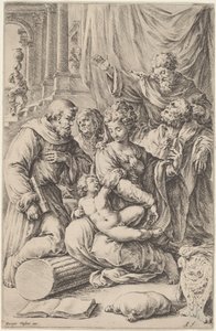 Svatá rodina se svatými od Jan de Bisschop, after Giorgio Vasari
