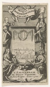 Čtyři postavy kolem rámu s výhledem na Dordrecht Titulní strana pro: Dordrechtsche Arcadia, 1701 od Jan de Jonge