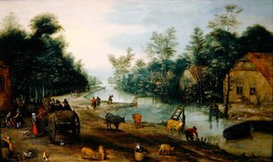 Zalesněná říční krajina v létě s cestovateli přijíždějícími do hostince (olej na panelu) od Jan the Elder (circle of) Brueghel