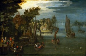 Živý břeh řeky s holandskými loděmi a cestujícími, kteří nastupují na kyvadlovou loď, aby se přepravili přes řeku. od Jan the Elder (circle of) Brueghel