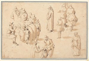 Fontána v lázních se studiemi elegantních postav beroucích vodu a dvou mnichů a kněze od Jan the Elder Brueghel