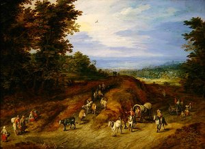 Krajina s rolníky, vozy a zvířaty (olej na mědi) od Jan the Elder Brueghel