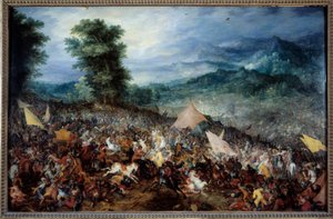 Bitva u Arbels (neboli Issos) Alexandr Veliký (356-323 př. n. l.) a jeho armáda během bitvy u Issosu, během níž makedonský král v roce 333 př. n. l. porazil Dariose (Dariuse) III., posledního krále z dynastie Rouenidů. JC. Obraz Jana Breugela Le Vieux c od Jan the Elder Brueghel