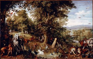 Věčný ráj Všechna zvířata stvoření zastoupená ve dvojicích. Obraz Jana Bruegela (nebo Breugel nebo Brueghel nebo Breughel), bývalý známý jako Bruegel de Velours (1568-1625) Řím Galleria Doria Pamphilj od Jan the Elder Brueghel
