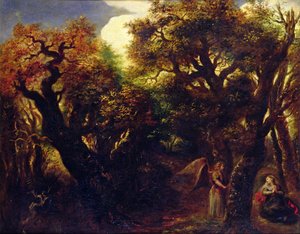 Zalesněná krajina s Hagar a andělem, kolem roku 1645
