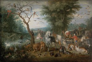 Rajská krajina se zvířaty - Peinture de Jan Brueghel mladší (1601-1678) - 1613-1615 - Olej na dřevě - 61x90,2 - Muzeum Szepmuveszeti, Budapešť