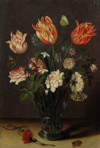 Tulipány s jinými květinami ve sklenici na stole od Jan Brueghel the Younger