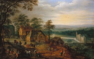 Vesnická ulice s figurkami a vozíky, v pozadí hrad s vodním příkopem od Jan Brueghel the Younger